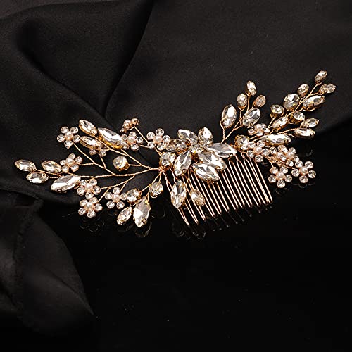 Teyglen Rhinestone Flower Bride Wedding Hair Comb Headband Crystal Hair Pieces Headpieces with Rhinestones Hair Accessories Handmade Bridal Side Hair Combs for Women Bride Girls (Gold)