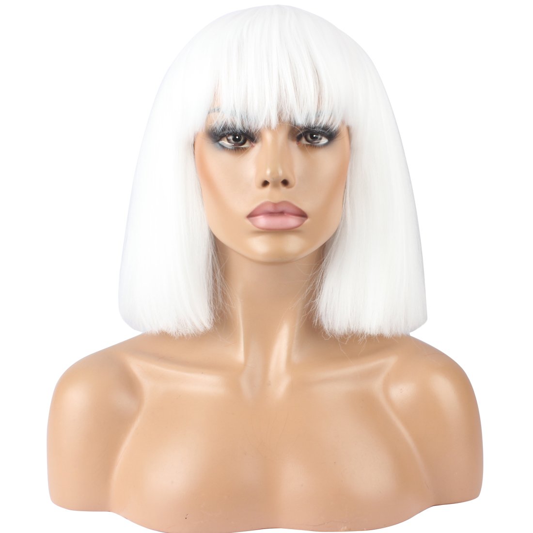 WeKen Women's Fashion Wig Short Bob Kinky Straight Full Bangs Synthetic Hairpieces Solid White