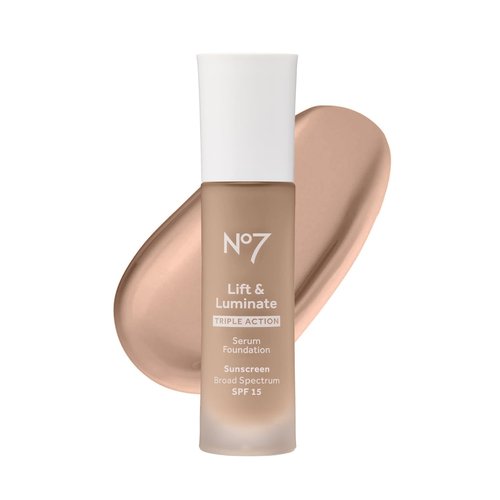 No7 Lift & Luminate Serum Foundation - SPF 15 Liquid Makeup for Dewy Glow - Radiant for Mature Skin - Cool Vanilla (1 Fl Oz)