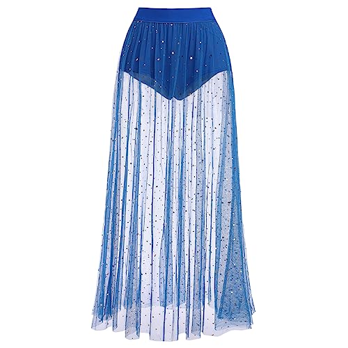 Women's Sheer Mesh 2 in 1 Glitter Sequin Elasticized High Waist A Line Party Maxi Skirt Sparkle Galaxy Sequin Tulle Cover ups Festival Outfits Costume Royal Blue S