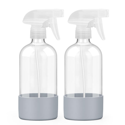 Worldgsb 2 Pack Glass Spray Bottles with Silicone Sleeve, 16 oz Empty Refillable Containers with Adjustable Spray Nozzles, Spray Bottles for Hair, Cleaning Solutions and Plants