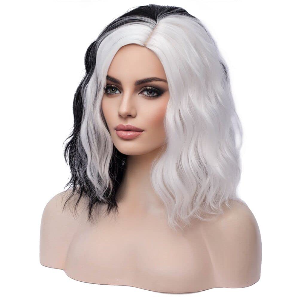 MAGQOO Black White Wig Side Part Short Curly Wavy Hair Wigs Synthetic Heat Resistant Cosplay Costume Party Wigs (Black White, Women Girls)