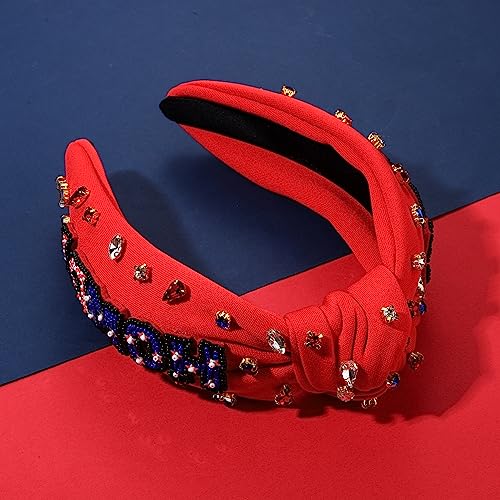 4 th of July Headband for Women American Flag Star Beaded Knotted Headband Headpiece Fourth of July Hairband USA Patriotic Red White and Blue Crystal Jeweled Embellished Headband Boho Wide Top Knot Twisted Hairband Hair Accessories Gift (patriotic headban