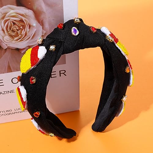 NVENF Halloween Headbands for Women, Rhinestone Crystal Embellished Knotted Headbands, Beaded Pumpkin Ghost Top Knot Headbands Halloween Hair Accessories Party Favors Gifts (Candy Corn)