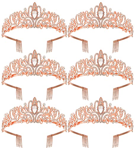 6 Pack Sparkling Crystal Princess Tiaras for Women Crown Queen Fashion Headband for Wedding Birthday Bride Bridal Prom Party Halloween Christmas Valentines Mothers Day Gifts Rose Gold