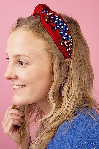 4 th of July Headband for Women American Flag Star Beaded Knotted Headband Headpiece Fourth of July Hairband USA Patriotic Red White and Blue Crystal Jeweled Embellished Headband Boho Wide Top Knot Twisted Hairband Hair Accessories Gift (patriotic headban