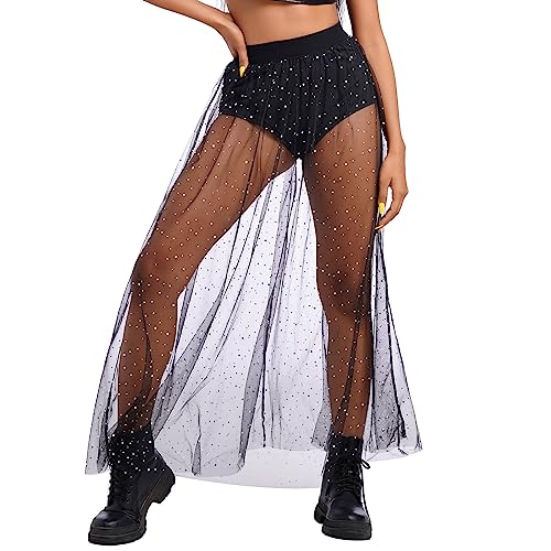 Women's Sheer Mesh 2 in 1 Glitter Sequin Elasticized High Waist A Line Party Maxi Skirt Sparkle Galaxy Sequin Tulle Cover ups Festival Outfits Costume Black Polka Dot S