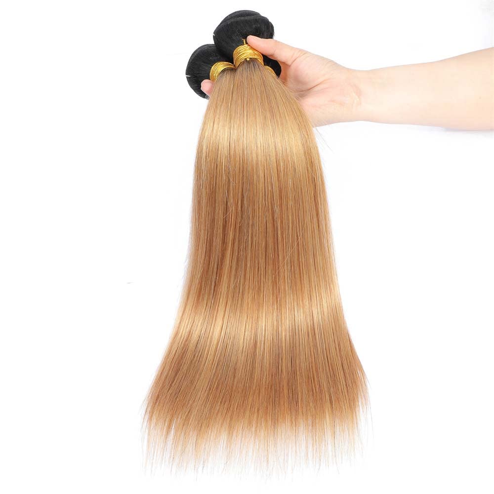 Color #27 Bundle Ombre Straight Human Hair Bundles Two Tone Black and Honey Blonde Bundles Human Hair 12 14 16 Inch Ombre Blonde Straight Bundle