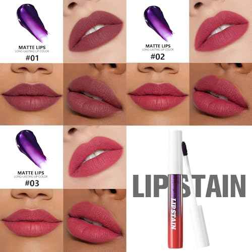 evpct 3Pcs Peel Off Lip Stain Tints, Maroon Mauve Red Matte Liquid Lipstick Lip Stain Long Lasting Waterproof for Women, Non-stick Cup Lipstick Peel Off Highly Pigmented Not Faded Smudge-proof Liptint