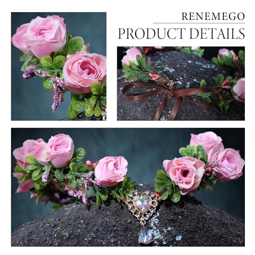 RENEMEGO Pink Rose Fairy Crown - Handmade Floral Crown Elf Floral Headband with Heart Crystal Elven Leaf Headpiece Hair Wreath for Women Girls Wedding Cosplay Party Maternity Props Accessories