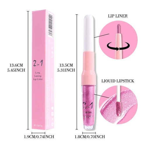 Evpct Pink Metallic Glitter Lip Liner & Lipstick Combo - Long-Lasting Waterproof Rose Pink Shimmer Set