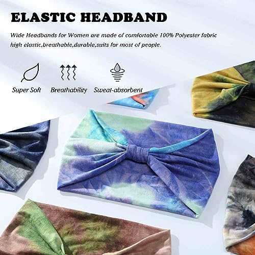 Olbye Headbands for Women Wide Boho Hairbands Knotted Turban Headband Tie Dye Non Slip Elastic Head Bands Floral African Workout Head Wraps Solid Color Yoga Sweatband Cotton Head Scarfs Bohemian Hair