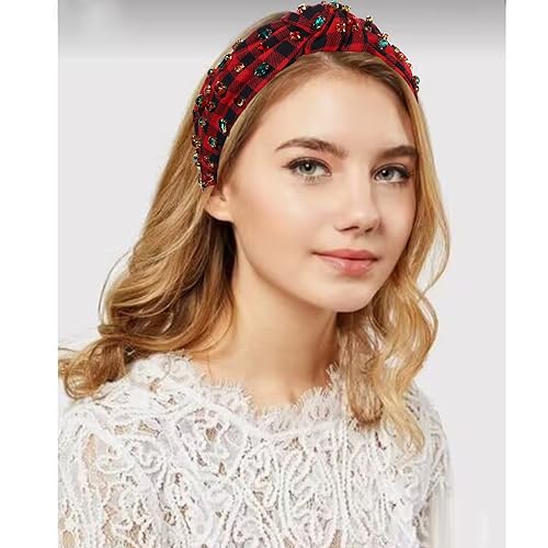 CEALXHENY Christmas Headband Accessories for Women Red Green Rhinestone Crystal Knotted Headband Jeweled Xmas Plaid Wide Top Knot Headband Christmas Outfits Holiday Gifts (Christmas 1)