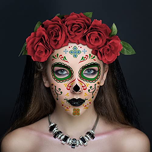 Maitys Day of Dead Headpiece Rose Floral Crown Veil and 8 Sheets Halloween Floral Skull Temporary Face Tattoo Stickers for Women Parties(Elegant)