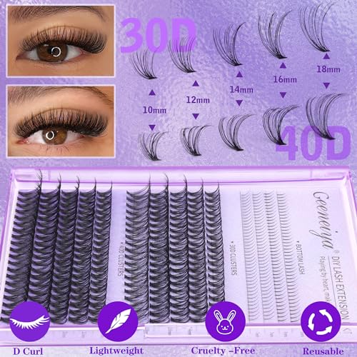 Geeneiya Natural Lash Clusters Kit Wispy Lash Extension Kit Bottom Lashes DIY Eyelash Extension Kit D Curl Individual Eyelashes Kit with Waterproof Lash Bond and Seal, Lash Tweezers (30D+40D+BOTTOM)