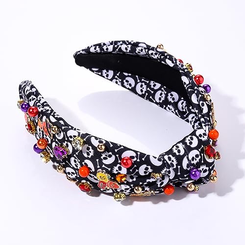 Halloween Headbands Halloween Knotted Headband for Women Pumpkin Witch Hat Charms Crystal Embellished Skull Print Wide Top Knot Hairband