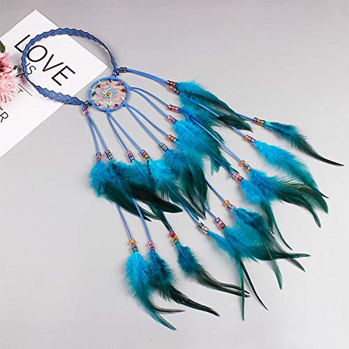 Anglacesmade Bohemian Head Chain White Feather Headband Dreamcatcher Headpiece Prom Party Festival Hair Piece Boho Gypsy Hippie Headdress for Women and Girls (Blue)