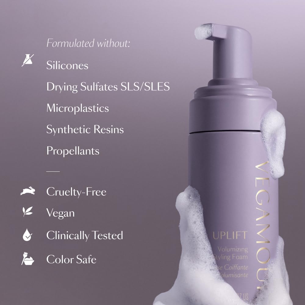 VEGAMOUR UPLIFT Volumizing Styling Foam, For fine, flat & thinning hair, Provides Volume & Resists Humidity, Non Sticky Formula, Bouncy Soft Hair