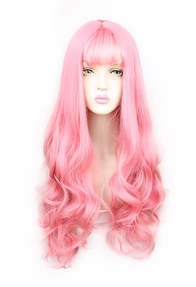 Sharebeauty Synthetic Women Natural Wavy Curly Full Wig with Straight Bangs Pink