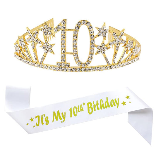 Happy 10th Birthday Tiara and Sash Gifts Crystal Rhinestone Princess Crown Birthday Girl Party Favor Supplies Gold Crowns Silver Letter Black Sash