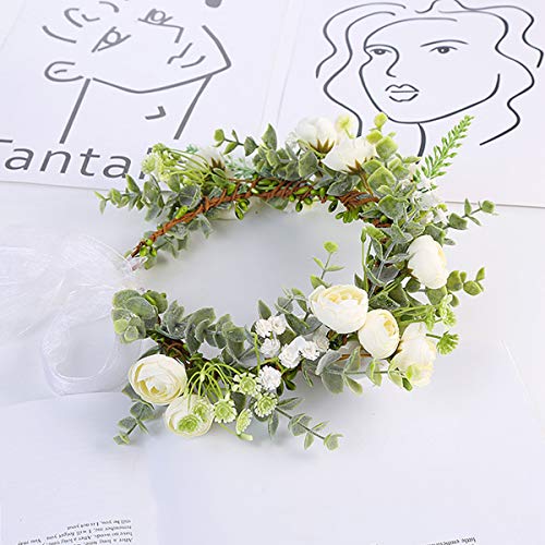 YnimioAOX Handmade Adjustable Flower Wreath Headband Halo Floral Crown Garland Headpiece,I21-milky white