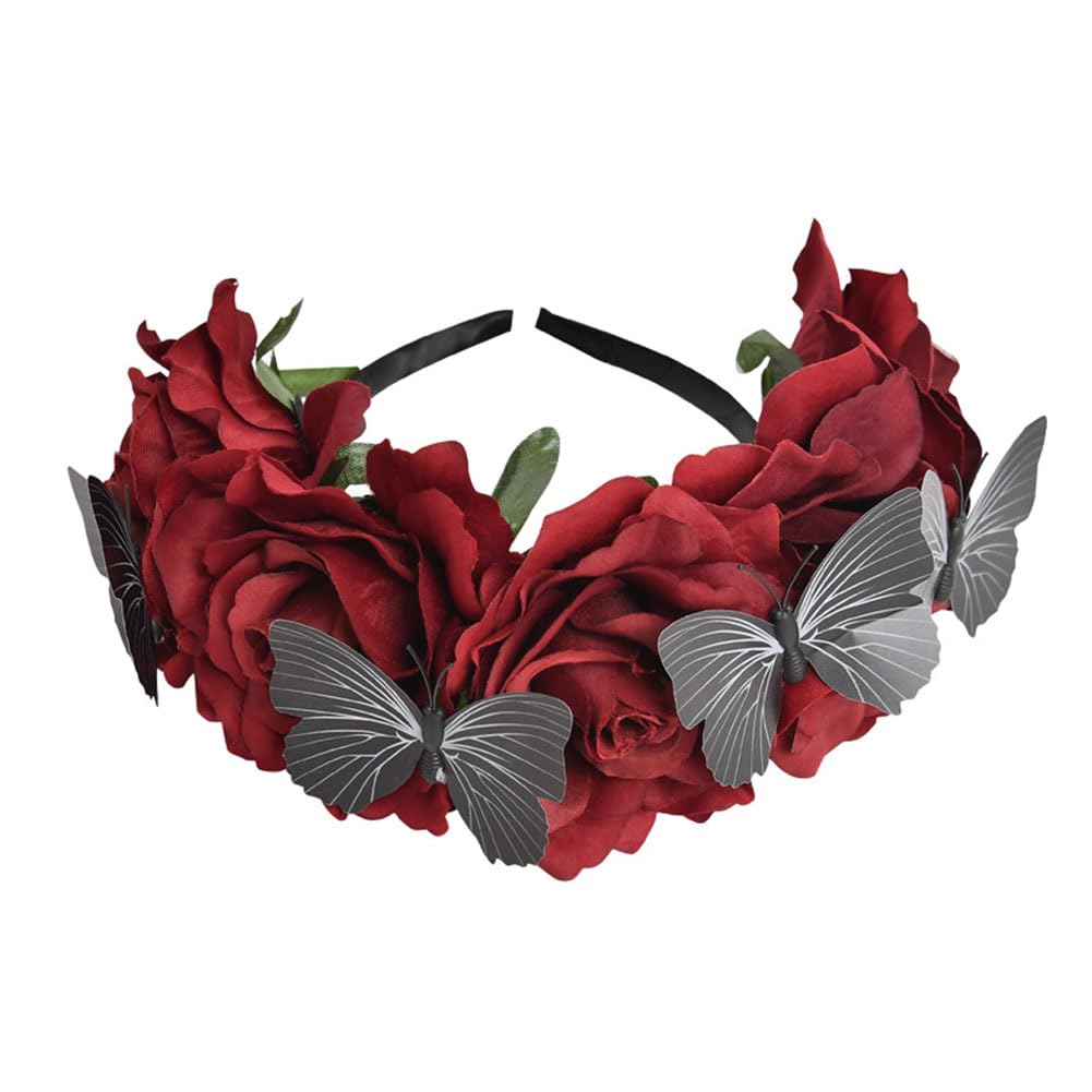 Flower Crown Headband Halloween Gothic Red Rose Floral Hair Wreath Tiara Queen Bridal Headpieces Hair Hoop for Women Girls