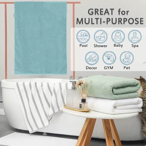 Grey and White Bath Towels (4PC, Large 30"x56") - Cotton | Hotel Quality | Lightweight | Thick | Soft | Absorb, Striped Towels for Bathroom, Quick Dry Towel for Shower, Gray and White Stripe