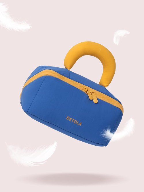 Detola Travel Makeup Bag, Cosmetic Bags for Women Lay Flat Makeup Bag with Compartments and Handle Waterproof Toiletry Bag Wide Open Portable Pouch Travel Essentials Gifts for Women, Blue