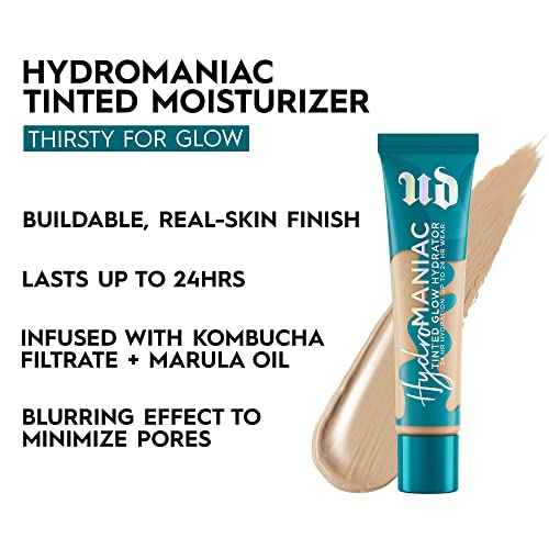 Urban Decay Hydromaniac Dewy Foundation, Hydrating Tinted Moisturizer for Dry Skin, Buildable Medium Coverage, with Kombucha Filtrate & Marula Oil, Non-comedogenic, Vegan, Cruelty-free - 1.1 fl oz