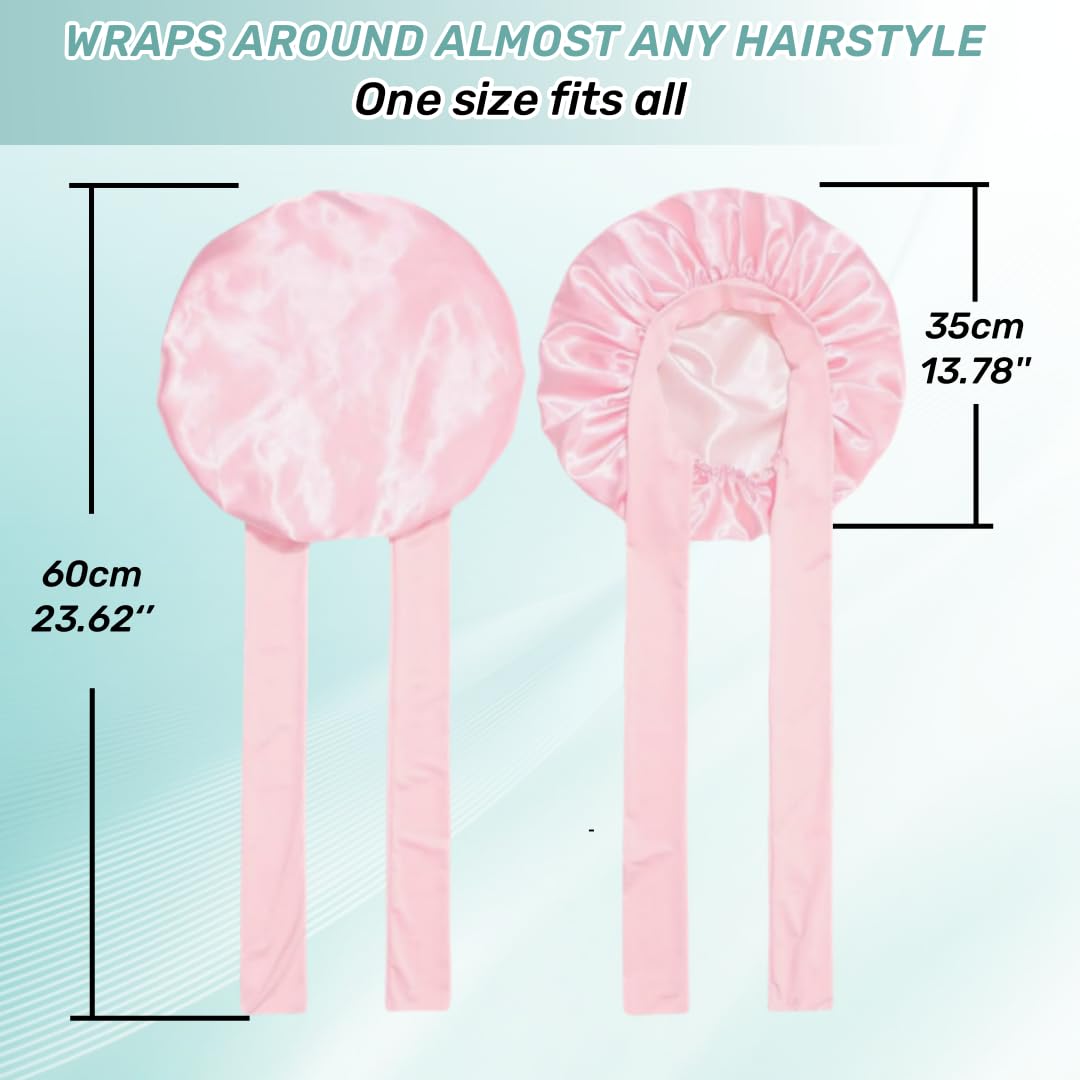 Skiennix Silk Bonnet - Adjustable Hair Bonnet for Curly Hair | Large Pink Shower Cap