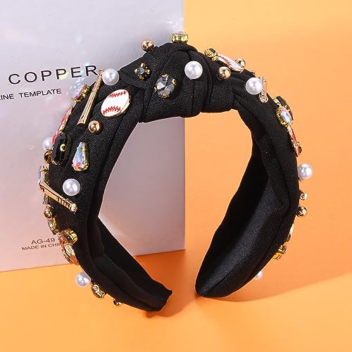 MOLOCH Baseball Knotted Headband Game Day Headbands for Women Jeweled Crystal Pearl Wide Sports Headband Game Day Hair Accessories Sports Fan Gifts