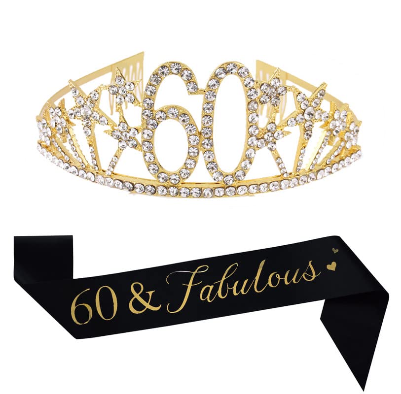 Happy 60th Birthday Tiara and Sash Gifts Crystal Rhinestone Princess Crown Birthday Queen Party Favor Supplies Gold Crowns Black Sash