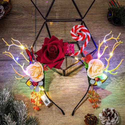 Nicute Light Up Christmas Headbands Xmas Reindeer Hair Hoop Glow Flower Holiday Party Hair Band for Women and Girls (Colorful-1)