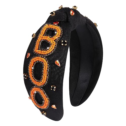 NLCAC Halloween Headbands for Women Beaded BOO Knotted Headband Crystal Embellished Wide Headband Halloween Costume Headwear Accessories (BOO)