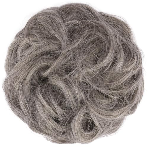 FESHFEN Messy Hair Bun Hair Pieces Wavy Curly Large Hair Bun Scrunchies Extensions Synthetic Chignon Hairpieces for Women Girls, Salt and Pepper 1.94oz