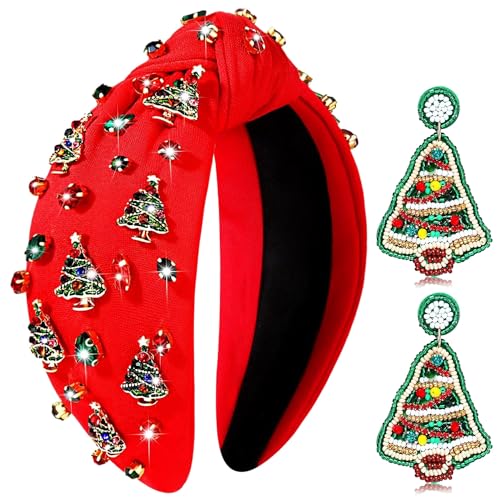 PHALIN Christmas Headbands for Women Xmas Bow Tree Snowflake Headbands Red Green Jeweled Crystal Pearl Knotted Headband Christmas Holiday Hair Accessories Party Favors Gifts (Christmas Tree)