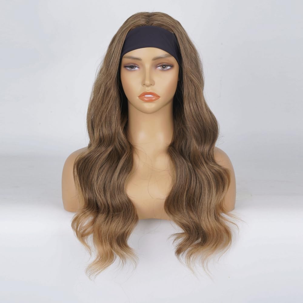 Long Wavy Headband Wigs for White Women, Gluless Wear and Go Half WIg, Natural Looking Synthetic Wig with Headband Attached Heat Resistant (Brown mixed Blonde)