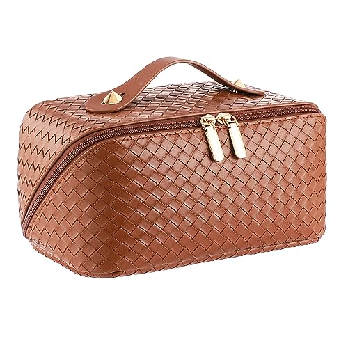 ALEXTINA Large Capacity Travel Cosmetic Bag - Portable Makeup Bags for Women Travel Toiletry Bag Waterproof Leather Checkered Makeup Organizer Bag for Travel Essentials, Open Flat Make up Bag, Black