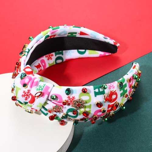 PHALIN Christmas Holiday Headband for Women Christmas Accessories Reindeer Snowflake Candy Cane Knotted Headband Red Green Beaded Rhinestone Pearl Wide Top Knot Headband Xmas Plaid Hairband (HOHOHO)