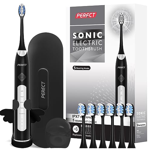 PERECT Ultrasonic Electric Toothbrushfor Adults, Rechargeable Sonic Care Electric Toothbrush, 35,000 VPM, 6 Replacement Heads & Travel Case, 5 Modes 4 Intensities IPX7 Waterproof, Smart Timer, Black