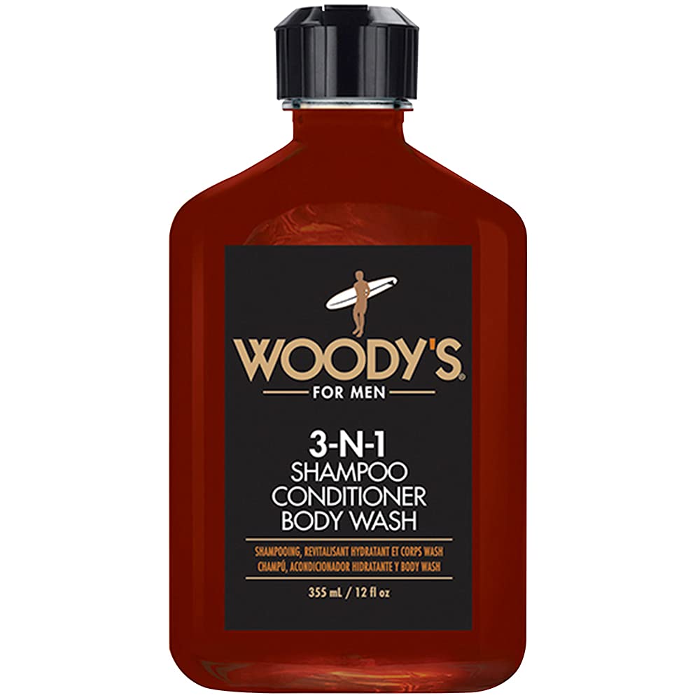 Woody's 3-in-1 Shampoo | Conditioner & Body Wash for Men - Travel-Size All-in-One Cleanser, 12 fl oz