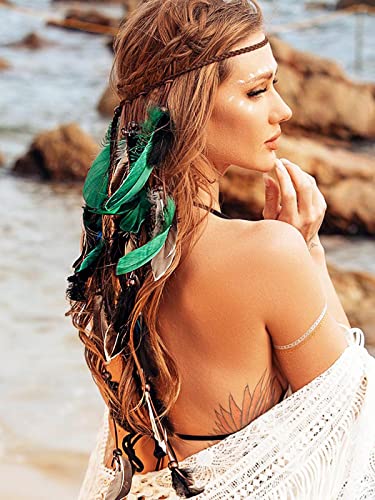 CAKURE Boho Feather Headbands Indian Headdress Gypsy Headpiece Peacock Hair Bands Bohemian Hippie Headbands Adjust Headwear Long Feather Hair Accessories for Women and Girls (Type C)