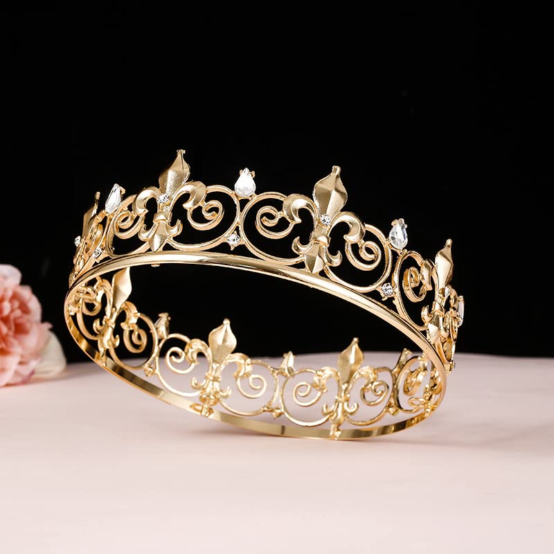 Royal Full King Crown Metal Crowns And Tiaras For Men Cosplay Prom Party Decorations Crown Headpieces Accessories (Gold)