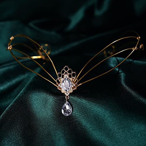 CoTeeZa Medieval Celtic Fairy Circlet Vintage Viking Crown Gold Wedding Headband Handmade Crystal Headpiece Elf Princess Tiara Women Flower Costume Hair Accessory Wreath for Queen King Prom Cosplay