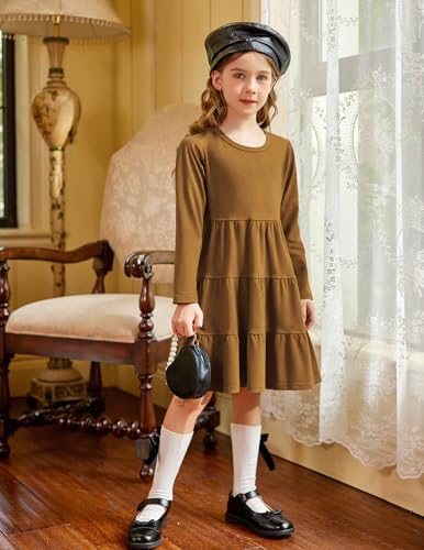 Arshiner Girls Long Sleeve Dress Fall Cotton Crewneck Tiered Ruffle Swing Solid Casual Midi Dresses Dark Green 6 Years