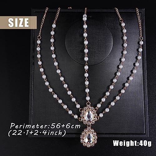 Aimimier Bohemian Teardrop Crystal Head Chain Layered Rhinestone Pearl Forehead Chain Wedding Headband Prom Party Festival Hair Accessories for Women (Gold)