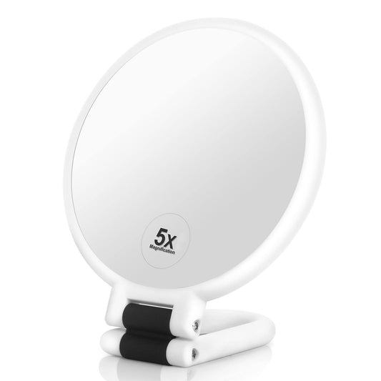 Novadex 1x 5X Magnifying Mirror, Handheld Hand Mirror with Handle, Travel Hand Held Vanity Mirror, Compact Double Sided Portable Magnification Small Make Up Mirrors for Precision Makeup (White)