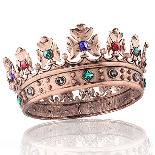 YADIRF Baroque Royal Crown Men's Metal Prince Hair Crown Full Circle Birthday Party Hair Accessories For Halloween Costume Party Prom (Small Size 6.1" Diameter, Bronze With Colorful Stone)