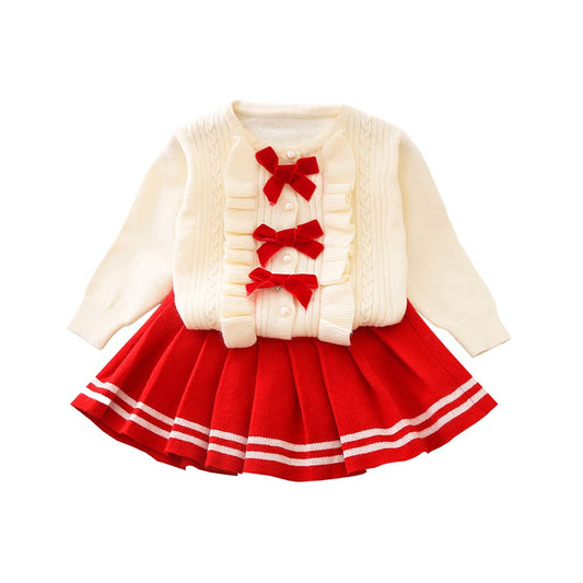 Toddler Baby Girls Autumn Winter Fall Clothes Knit Long Sleeve Ruffle Sweater Top+Pleated Mini Tutu Skirt 2pcs Outfit for Kids Princess Casual Playwear Homewear Clothing Set Red-Bow 5-6X