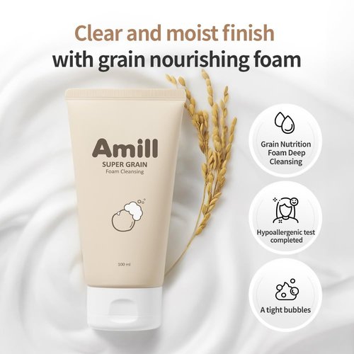Amill Super Grain Foam Cleansing - Gentle Facial Cleanser with Multi-Grain Extracts | 100ml/3.39fl.oz for Soft, Hydrated Skin